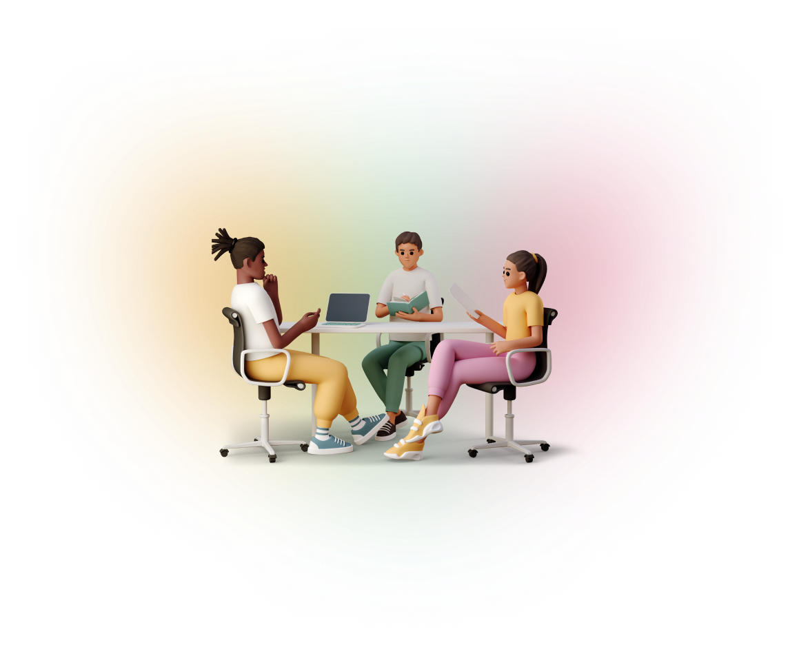 A computer generated image in a 'clay' style of 3 people studying together, sat at a white table